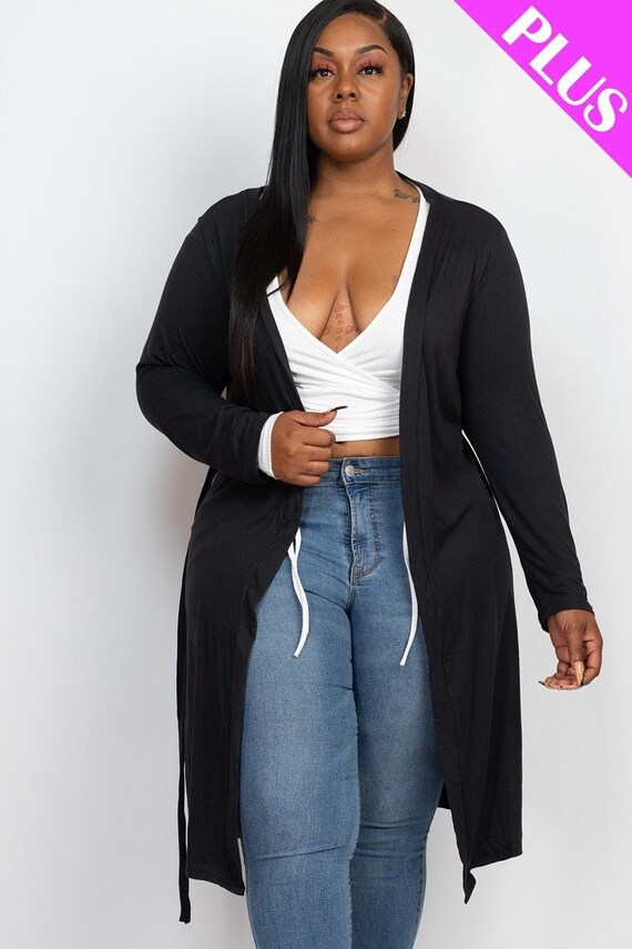 Plus Size Black Long Sleeves Belted Cardigan - Etsy Canada