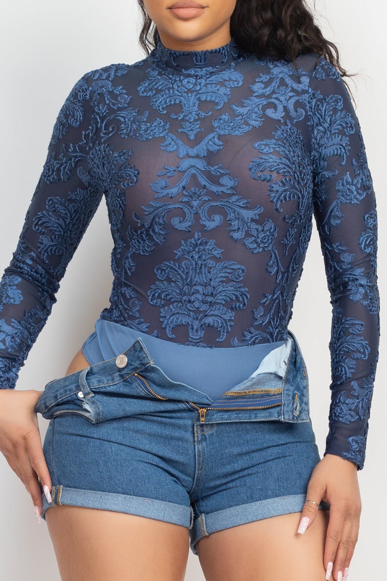Blue Embroidered Mock Neck Keyhole Bodysuit Etsy