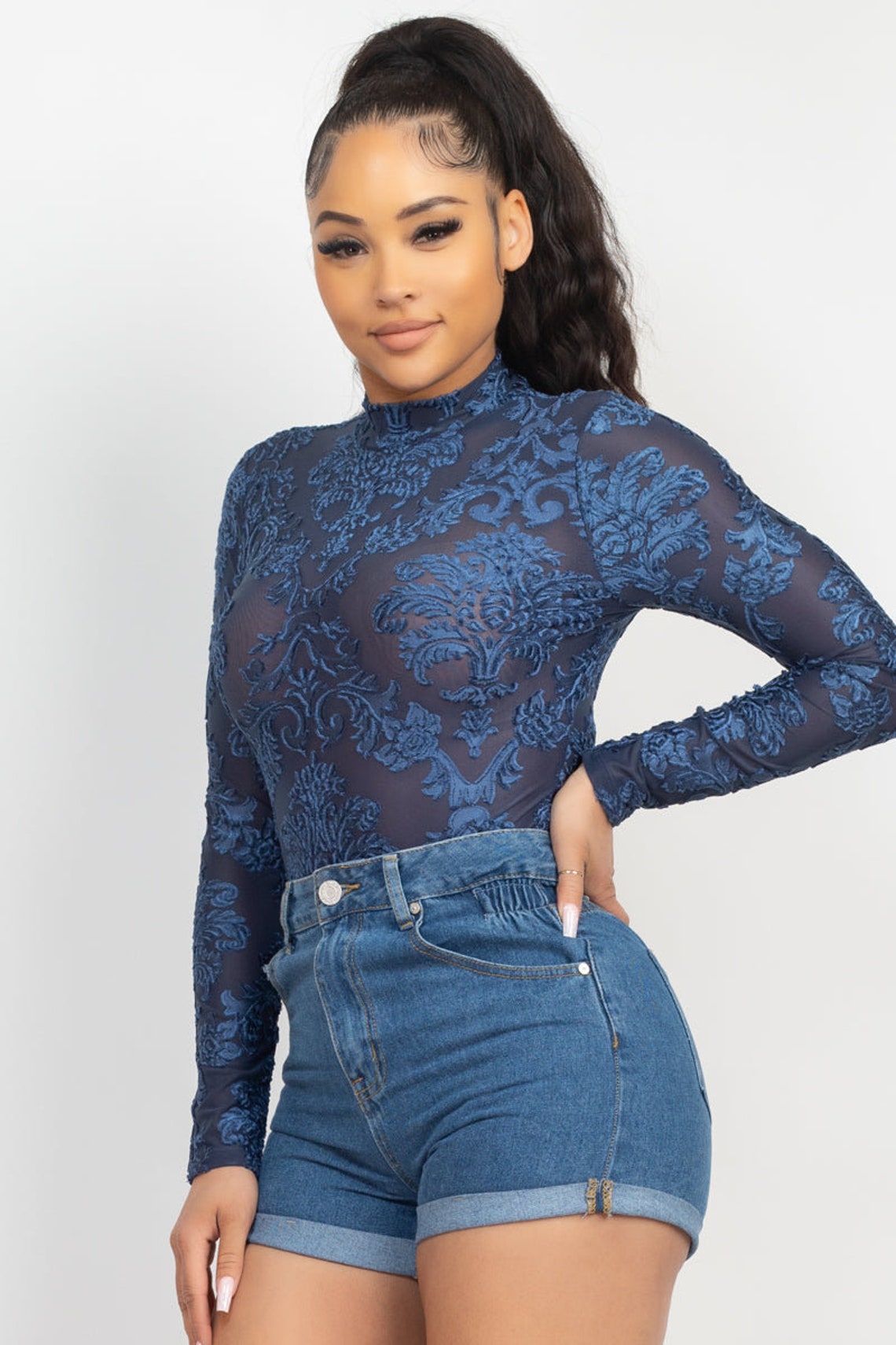 Blue Embroidered Mock Neck Keyhole Bodysuit Etsy