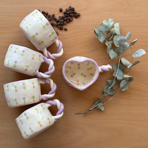 Tulip garden heart shaped mug, Handmade Ceramic Mug, Ceramic Cup, Handmade Ceramic Gift, Ceramic Mug