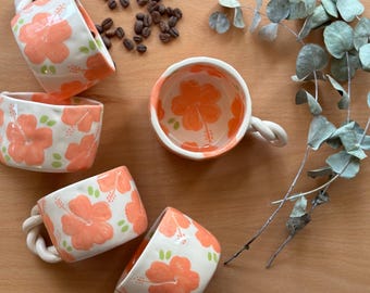 Handmade Orange Hibiscus Ceramic Mug: Earthenware Cup
