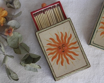 Handmade Ceramic Matchbox with Sun Design – Pottery Match Holder