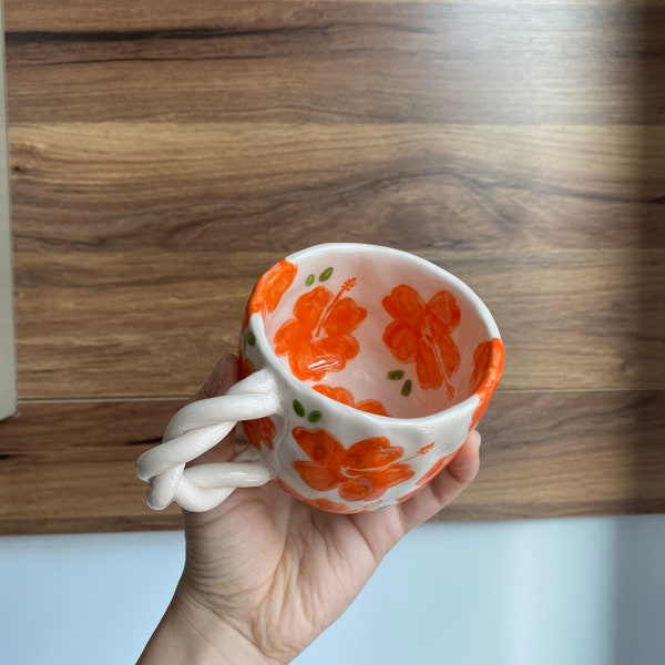 Orange hibiscus handmade ceramic mug