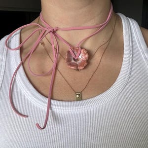 Handmade Stoneware Flower Pendant Necklace: Boho Pink Suede Cord