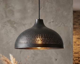 Hammered Copper Pendant Light | Handmade Moroccan Ceiling Lamp | Perforated Dome Candlestick | Boho Industrial Kitchen Dining Room
