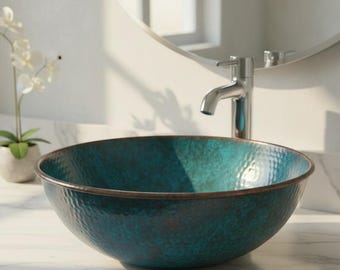 手作りのブルーパティーナ仕上げ銅製洗面器 | ターコイズブルーに酸化処理された丸型洗面化粧台 | 複数サイズ展開