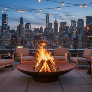 Può includere: Un grande braciere circolare in metallo color ruggine contenente un fuoco di legna luminoso e scoppiettante con scintille visibili. Il braciere è posizionato su una terrazza pavimentata sul tetto, circondato da poltrone da esterno grigio chiaro.