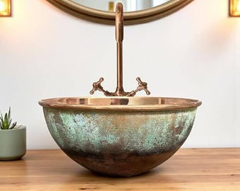 Handmade Moroccan Copper Vessel Sink – Green Patina Exterior & Gold Interior | Hammered Rustic Farmhouse Bathroom Basin | Artisan Copper