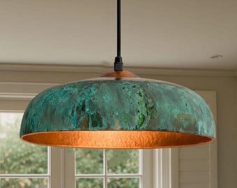 Handmade Oxidize Rustic Copper Dome Pendant Light: Green Patina Kitchen Island Lighting Fixture