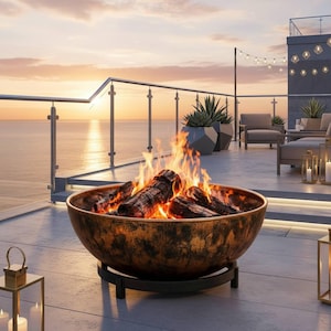 Può includere: Un grande braciere color rame con tronchi in fiamme si trova su un patio sul tetto con vista sull'oceano al tramonto. Il braciere è rotondo e poggia su una base di metallo nero. Le fiamme sono di colore arancione brillante e giallo.