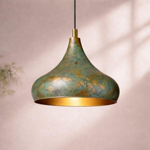 Handmade Bronze Pendant Light with Green Patina, Rustic Kitchen Island Lighting, Verdigris Copper Ceiling Lamp, Farmhouse Decor