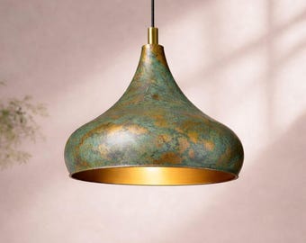 Lámpara colgante de bronce hecha a mano con pátina verde, iluminación rústica para isla de cocina, lámpara de techo de cobre con cardenillo, decoración rústica.