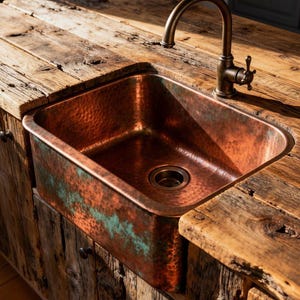 Peut inclure: Un évier de cuisine en cuivre martelé, encastré dans un plan de travail en bois rustique. L'évier est équipé d'un robinet et d'un drain en bronze. Le bois présente un aspect naturel et vieilli, avec des nœuds et des veines visibles.
