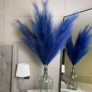 x3 STEMS 115cm Extra Large Tall Fluffy Navy BLUE Fake Faux Artificial Pampas Grass Feathers Floor Vases Fillers Boho Chic Home Decor image 3