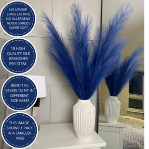 x3 STEMS 115cm Extra Large Tall Fluffy Navy BLUE Fake Faux Artificial Pampas Grass Feathers Floor Vases Fillers Boho Chic Home Decor image 4