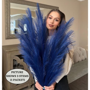 x3 STEMS 115cm Extra Large Tall Fluffy Navy BLUE Fake Faux Artificial Pampas Grass Feathers Floor Vases Fillers Boho Chic Home Decor image 6