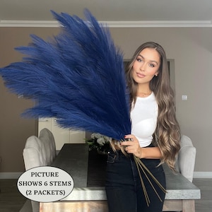 x3 STEMS 115cm Extra Large Tall Fluffy Navy BLUE Fake Faux Artificial Pampas Grass Feathers Floor Vases Fillers Boho Chic Home Decor image 2