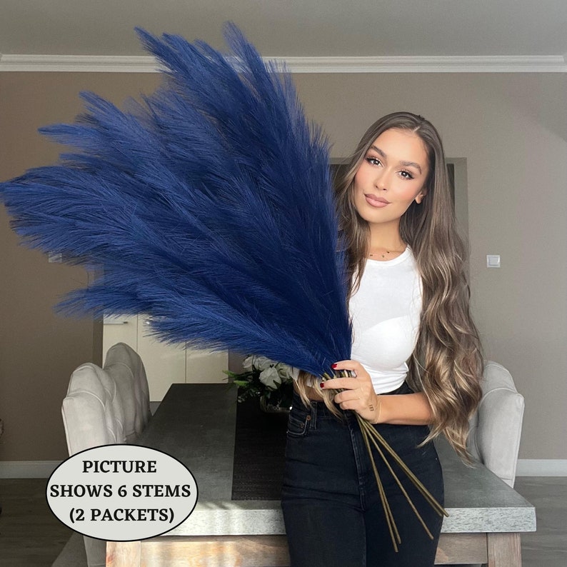 x3 STEMS 115cm Extra Large Tall Fluffy Navy BLUE Fake Faux Artificial Pampas Grass Feathers Floor Vases Fillers Boho Chic Home Decor image 2