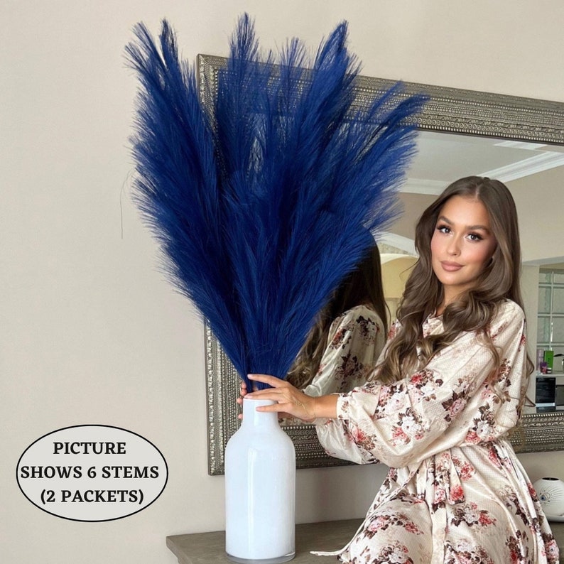 x3 STEMS 115cm Extra Large Tall Fluffy Navy BLUE Fake Faux Artificial Pampas Grass Feathers Floor Vases Fillers Boho Chic Home Decor image 5