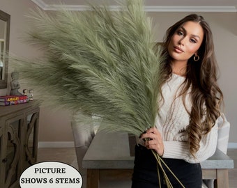 x3 STEMS 115cm Extra Large Tall Fluffy SAGE GREEN Fake Faux Artificial Pampas Grass Feathers Floor Vases Fillers Boho Chic Home Decor