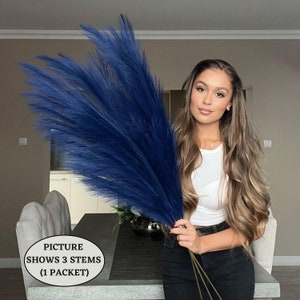 x3 STEMS 115cm Extra Large Tall Fluffy Navy BLUE Fake Faux Artificial Pampas Grass Feathers Floor Vases Fillers Boho Chic Home Decor image 1