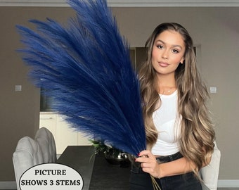 x3 STEMS 115cm Extra Large Tall Fluffy Navy BLUE Fake Faux Artificial Pampas Grass Feathers Floor Vases Fillers Boho Chic Home Decor