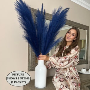 x3 STEMS 115cm Extra Large Tall Fluffy Navy BLUE Fake Faux Artificial Pampas Grass Feathers Floor Vases Fillers Boho Chic Home Decor image 8
