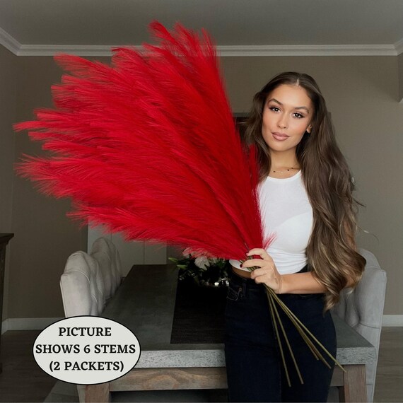 X3 茎 115 cm 特大 ふわふわ レッド フェイク 人工パンパスグラス 羽根