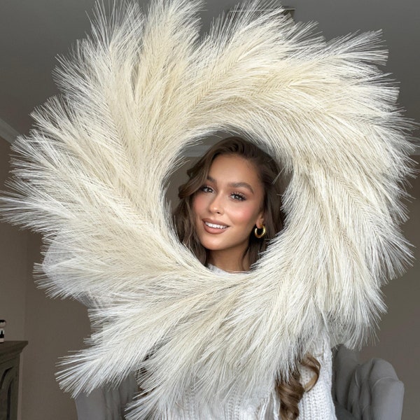 VOULUX Fluffy Artificial Large Faux Pampas Grass Wreath 27" Beige Modern Feather Boho Farmhouse Pampas Wreath Decor For Front Door