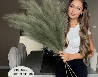 x3 STEMS 115cm Extra Large Tall Fluffy KHAKI GREEN Fake Faux Artificial Pampas Grass Feathers Floor Vases Fillers Boho Chic Home Decor