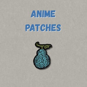 May include: An embroidered patch featuring a light blue, gourd-shaped fruit with a dark green stem and black outline. The text ANIME PATCHES is printed in blue above the patch. The design has a swirling, textured pattern across the surface.