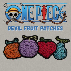 May include: Four embroidered iron-on patches featuring different Devil Fruit designs from the anime One Piece. The patches are in orange, purple, red, and blue.