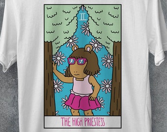 DW fence sunglasses meme The High Priestess tarot t-shirt, vintage, meme, Arthur, cartoon, funny, mystical, 100% cotton tee