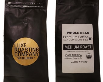 Luxe Roasting Company, café en grano entero, tostado medio, 2,2 libras, Yirgacheffe Chelbesa orgánico etíope, puntuación de copa SCA 88,5, 100% Arábica