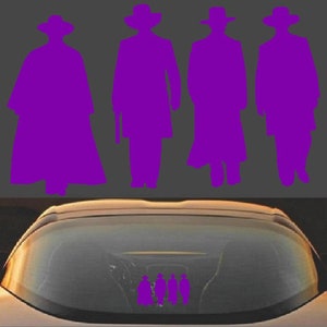 May include: Four purple cowboy silhouettes in various poses against a gray background. The silhouettes are above a car's rear window, with the figures reflected in the glass.