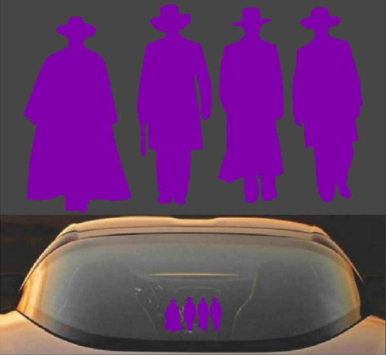 May include: Four purple cowboy silhouettes in various poses against a gray background. The silhouettes are above a car's rear window, with the figures reflected in the glass.