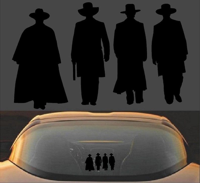 May include: A black silhouette of four figures in cowboy hats and long coats, reminiscent of a Western film. The figures are standing against a gray background. Below, a car's rear window displays a sticker of the same figures.