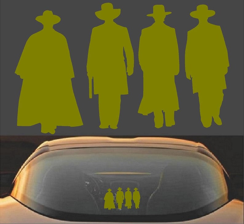 May include: A yellow silhouette of four figures in cowboy hats and long coats, reminiscent of a Western theme. The figures are standing against a gray background. A car window displays a sticker of the same figures.