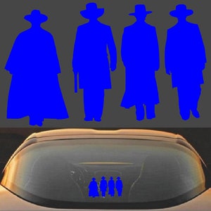 May include: Blue silhouette decals of four figures in cowboy hats and long coats, reminiscent of a Western film. The decals are displayed on a car's rear window, offering a unique vehicle customization.