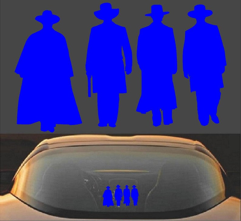 May include: Blue silhouette decals of four figures in cowboy hats and long coats, reminiscent of a Western film. The decals are displayed on a car's rear window, offering a unique vehicle customization.