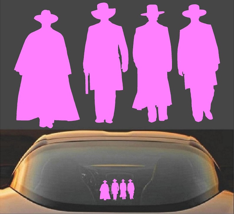 May include: Pink silhouette decal of four figures in cowboy hats and long coats, reminiscent of a Western film. The decal is shown on a car's rear window, offering a unique decorative touch.