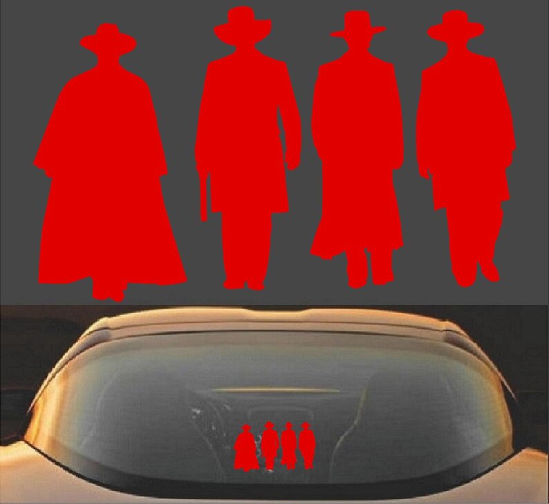 May include: Red silhouette decal featuring four figures in cowboy hats and long coats. The decal is applied to the rear window of a vehicle. The figures are in various poses, suggesting a Western theme.