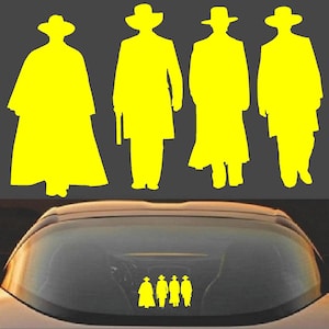 May include: Yellow silhouette decals of four figures in cowboy hats and long coats. The decals are displayed on a car window, with a larger version of the figures above. The figures are in various poses, some with a gun.