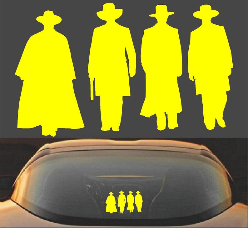 May include: Yellow silhouette decals of four figures in cowboy hats and long coats. The decals are displayed on a car window, with a larger version of the figures above. The figures are in various poses, some with a gun.