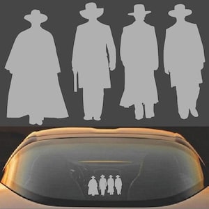 May include: A gray silhouette decal of four figures in cowboy hats and long coats, reminiscent of a Western film. The decal is displayed on a car's rear window, with the figures also shown above against a dark background.