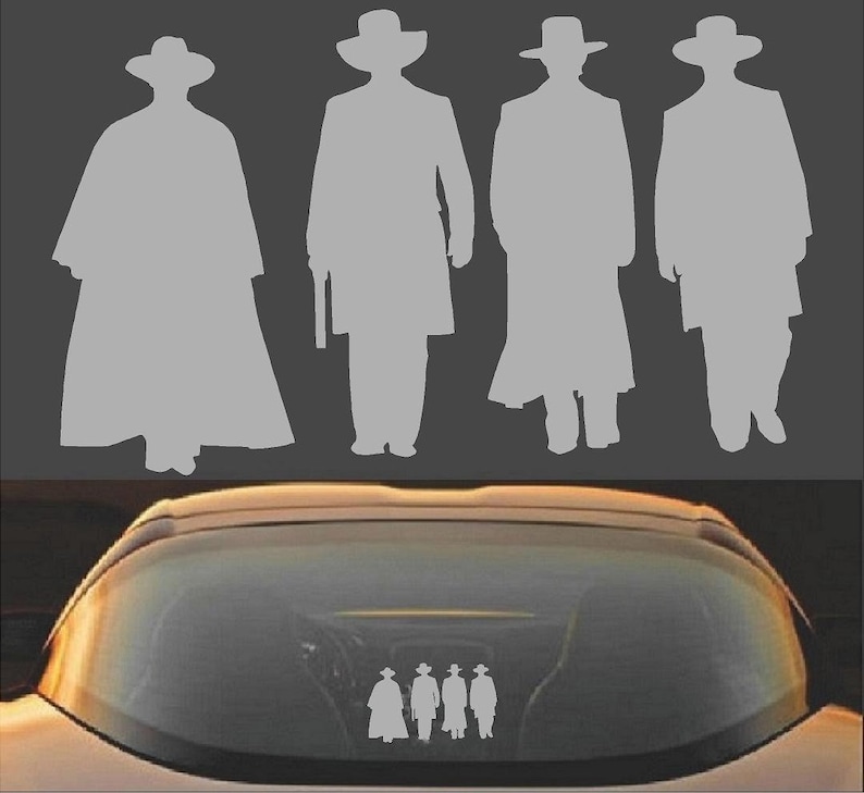 May include: A gray silhouette decal of four figures in cowboy hats and long coats, reminiscent of a Western film. The decal is displayed on a car's rear window, with the figures also shown above against a dark background.