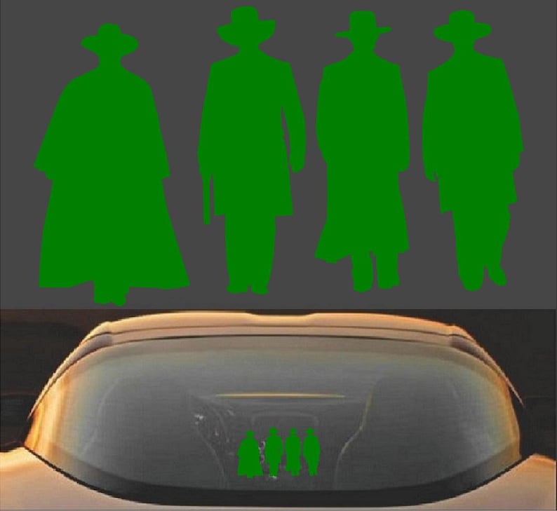 May include: Green silhouette of four figures in cowboy hats and long coats, reminiscent of a Western film. The figures are positioned against a gray background. Below, a car's windshield reflects the figures.