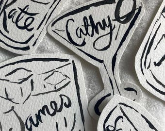 Whimsical Cocktail Place Cards, Elegant Table Decor, Personalized, Martini, Foodie