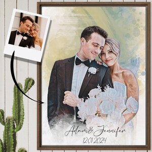 Custom Watercolor Wedding Portrait From Photo: Bride & Groom Canvas Art