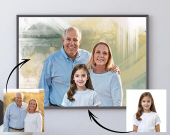May include: A watercolor painting of a family portrait. The painting features a man, a woman, and a girl. The man is wearing a blue shirt, the woman is wearing a white shirt, and the girl is wearing a white shirt. The background of the painting is a light green and yellow watercolor wash.